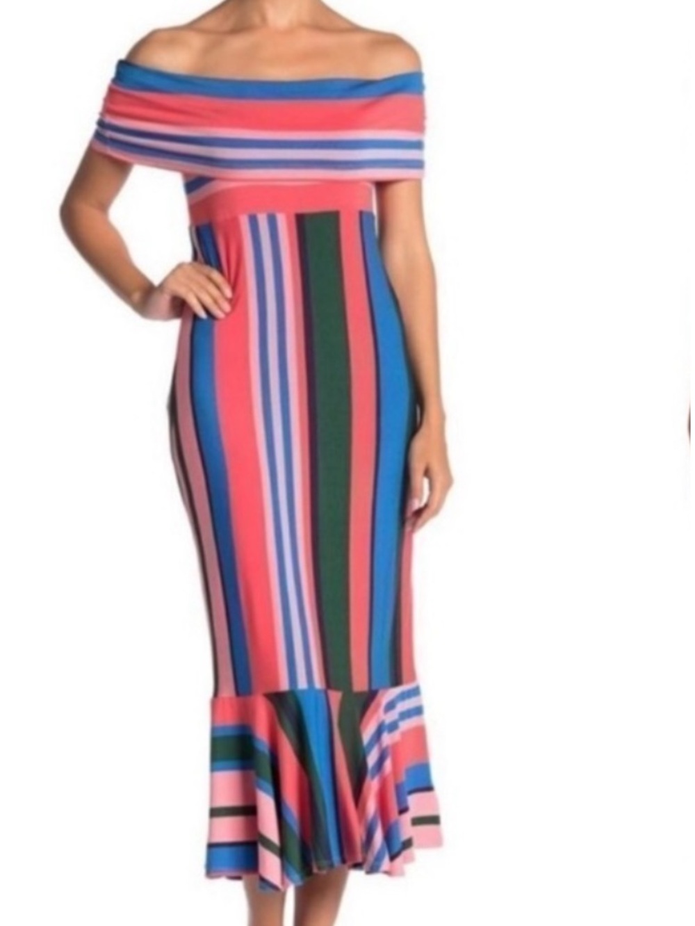 NWT Ella Moss Nora off shoulder Striped Midi Dress in pink flamingo size XS